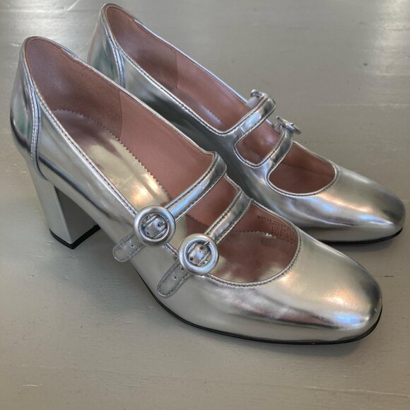 J. Crew Shoes - J.crew Maisie Double-Strap Silver Metallic Maryjane Heels 7.5